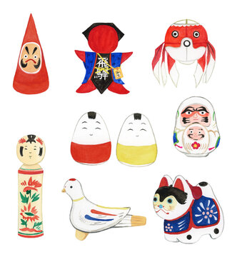 日本の可愛い郷土玩具のイラストセット