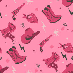 Seamless pattern in pink colors with cowboy hats, saddles and pistols. Vector graphics.