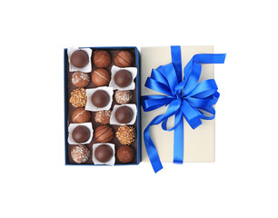 Box with delicious chocolate candies isolated on white, top view