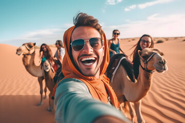 Happy tourist having fun enjoying group camel ride tour in the desert - Travel, life style, vacation activities and adventure concept - obrazy, fototapety, plakaty