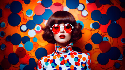 Fashion retro korean young woman with circle pop art background. 