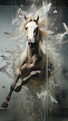 Obraz na płótnie Canvas A horse jumps through broken glass. Generative AI.