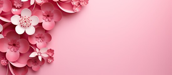 Womens Day banner with 8 shaped cut pink paper revealing spring flowers