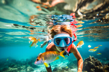 Young boy snorkeling in a transparent ocean watching tropical colorful fishes and enjoying a swim, underwater wonderland - obrazy, fototapety, plakaty