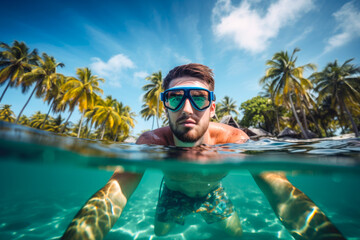 Handsome young man snorkeling in the shallow tropical clean ocean, enjoying swimming underwater on holidays - Powered by Adobe