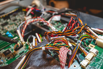 Inside the inner workings of a tech machine: details of color wires, hardware, circuits and...