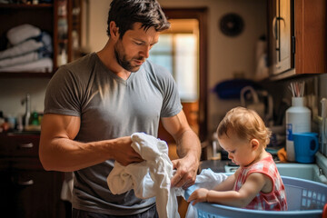Lovely shot of father and baby daughter doing house chores together, happy fatherhood, candid moment of father and daughter love - obrazy, fototapety, plakaty