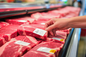 Close up of person hand comparing beef prices at the supermarket, choosing the right piece of meat at the shop