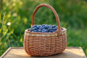 Fototapeta na wymiar Wicker basket of tasty ripe blueberries on wooden surface outdoors, closeup. Seasonal berries