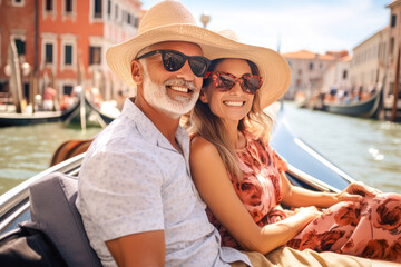 Close up of beautiful middle aged couple sitting in a gondola in Venice and sightseeing the city on a sunny day - obrazy, fototapety, plakaty