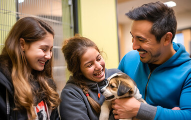 Young adorable family adopting a dog from a shelter, happily smiling while getting to know the small dog