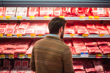 Rear view of man comparing beef prices at the supermarket, choosing the right piece of meat at the shop - obrazy, fototapety, plakaty
