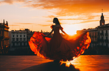 Beautiful attractive young woman flamenco dancer performing passionately in city square with beautiful sunset in the background - obrazy, fototapety, plakaty