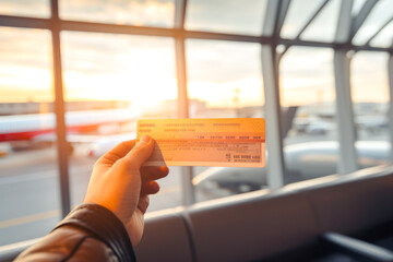 Close up of passenger holding up plane ticket with the airport in the background, concept of travel by air - obrazy, fototapety, plakaty