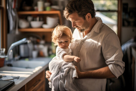 Lovely Shot Of Father And Baby Daughter Doing House Chores Together, Happy Fatherhood, Candid Moment Of Father And Daughter Love