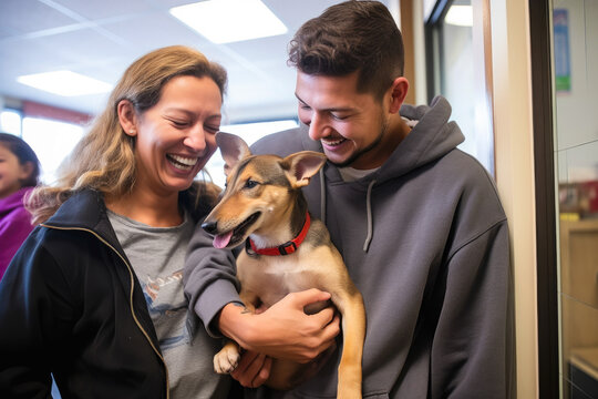 Young adorable couple adopting a dog from a shelter, happily smiling while getting to know the small dog
