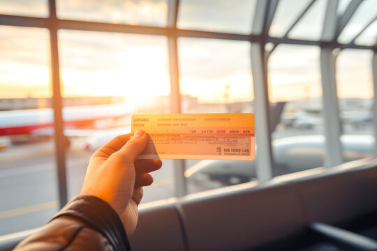 Close up of passenger holding up plane ticket with the airport in the background, concept of travel by air