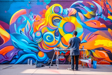 Street artist engaged in painting a vibrant colorful graffiti on street, beautiful artistic painting for nicer neighborhood wall - obrazy, fototapety, plakaty