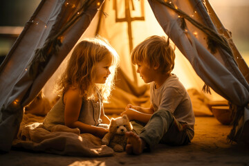 Obraz na płótnie Canvas Two small boy and girl sitting underneath adorable home made tent in children room and playing with each other