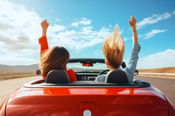 Two women enjoying a car ride in red convertible convert with their hands up and wind in the hair, fun drive with friend - obrazy, fototapety, plakaty