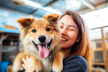 Young woman volunteering at an animal shelter, petting a cute dog