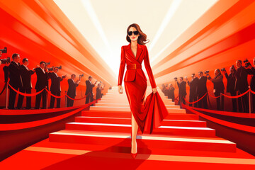 Illustration of beautiful attractive woman waking down the red carpet in gorgeous red dress with photographers surrounding her and taking pictures