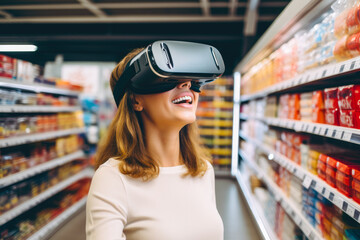 Woman wearing an augmented reality headset to shop in grocery store, concept of future high technological shopping