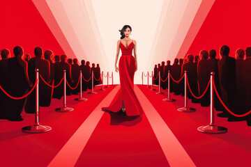 Illustration of beautiful attractive woman waking down the red carpet in gorgeous red dress with photographers surrounding her and taking pictures - obrazy, fototapety, plakaty