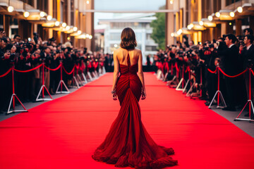 Beautiful attractive woman waking down the red carpet in gorgeous red dress with photographers surrounding her and taking pictures - obrazy, fototapety, plakaty