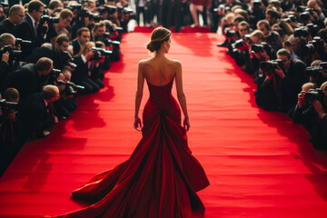 Beautiful attractive woman waking down the red carpet in gorgeous red dress with photographers surrounding her and taking pictures - obrazy, fototapety, plakaty