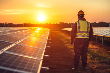 Fototapeta premium Shot of worker standing in solar field while wearing safety helmet and vest and looking at beautiful sunset