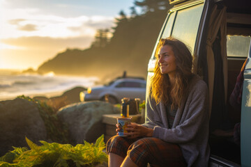 Beautiful young woman enjoying her morning coffee outside retro caravan with sunrise in the background, traveling lifestyle - obrazy, fototapety, plakaty
