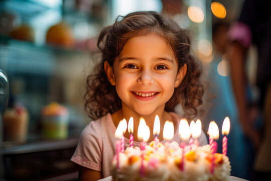 Beautiful young girl celebrating her birthday with birthday cake with candles while smiling at the camera, kid's birthday celebration