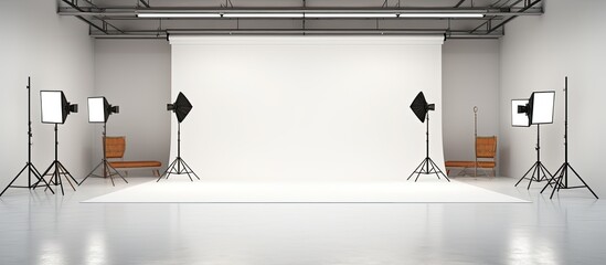 Empty photo studio with white screen and lighting equipment - obrazy, fototapety, plakaty