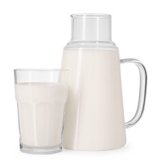 Carafe and glass of fresh milk isolated on white