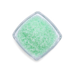 Glass bowl with turquoise sea salt isolated on white, top view