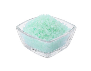 Glass bowl with turquoise sea salt isolated on white