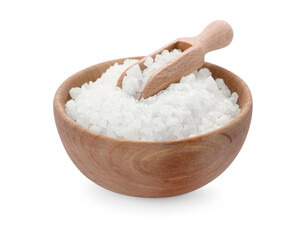 Bowl with natural sea salt and wooden scoop isolated on white