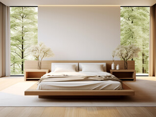 Interior of modern bedroom with white walls, wooden floor, master bed with white linen. Generative AI