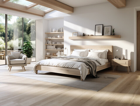 Interior of modern bedroom with white walls, wooden floor, comfortable king size bed and beige armchair. Generative AI