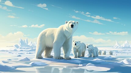 A family of polar bears huddled together on a vast ice sheet, their white fur standing out against the frozen landscape - obrazy, fototapety, plakaty