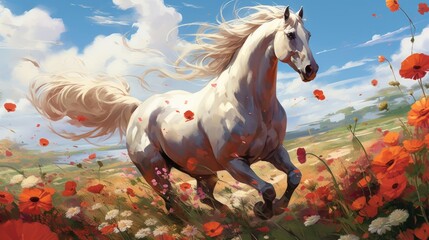 A regal Arabian horse galloping freely through a field of wildflowers