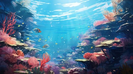 Fototapeta na wymiar A school of tropical fish swimming in a vibrant coral reef, their scales glimmering in the sunlight