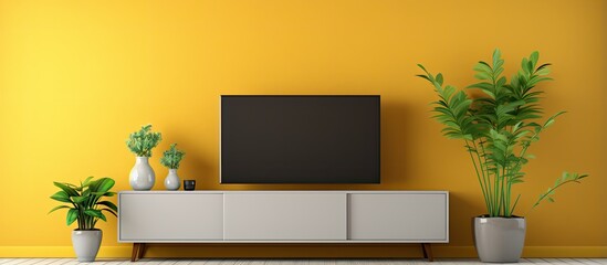 Modern living room with TV on cabinet table lamp flower plant yellow wall background