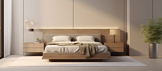Modern bedroom corner with beige walls concrete floor king size bed with beige cover on brown carpet and wooden wardrobe
