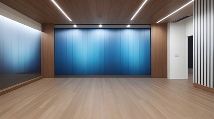 Beautiful versatile backdrop for design and product presentation with blue wall, light reflections and wooden floor. Generate with AI