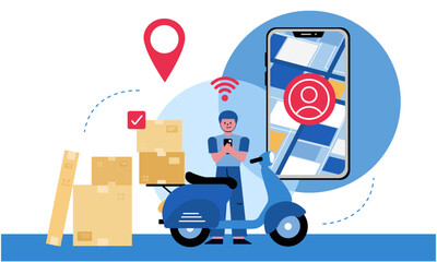 Efficient Urban Deliveries, Man Handholds Mobile, Navigating Delivery Routes with Precision