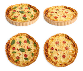 Different tasty quiches isolated on white, collage with side and top views