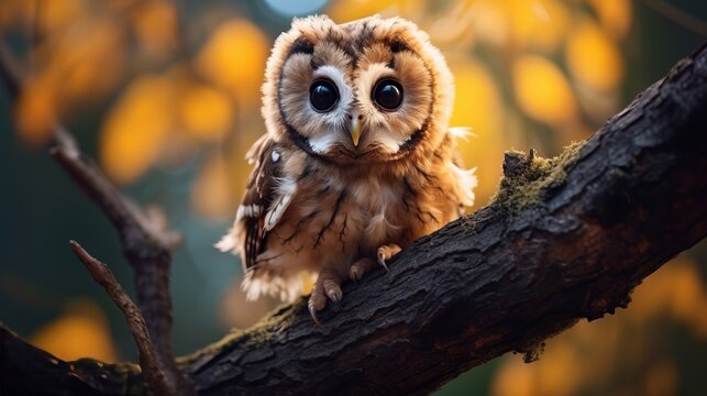 Adorable owlet hanging from a tree branch