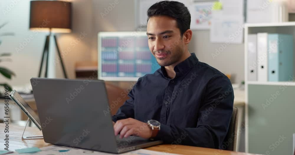 Poster happy man in office, typing on laptop and planning online research for creative project at professio